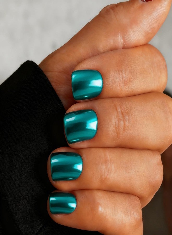 KXAMELIE Chrome Press On Nails Short Square - Glazed Teal Blue Press on Nails with Sparkly Metallic Design, Glitter Shiny Fake Nails Press ons Small, Sparkle Glue on Nail for Women Party, 30 Pcs - Image 1